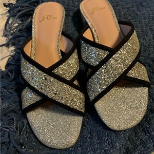 Jcrew glitter two strap sandals. Silver with black trim.